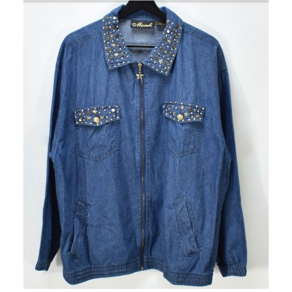 VTG Mureli Denim Bomber Jacket GOLD STUDS STARS RHINESTONES Embellished Bling S